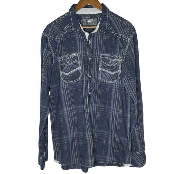 BKE Blue White Plaid Western Button Up Long Sleeve Shirt XL Men's - Picture 1 of 8